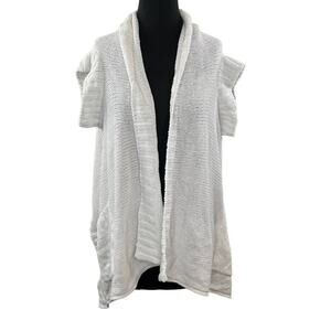 RELAIS White M Knit Cardigan Sweater Cotton Side Pockets Open Front Short Sleeve